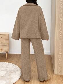 SHEIN EZwear 2pcs Women Casual Khaki Zip-Up Drop Shoulder Sweater And Knit Pants Set, Autumn/Winter,Fall - Khaki - View 2