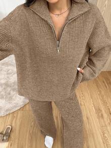 SHEIN EZwear 2pcs Women Casual Khaki Zip-Up Drop Shoulder Sweater And Knit Pants Set, Autumn/Winter,Fall - Khaki - View 5