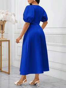 SHEIN Lady 女士优雅纯色泡泡袖连衣裙春夏优雅长袖 A 字裙主教袖白色婚礼情人节酒会大码连衣裙服装舞会礼服秋季女士连衣裙节日连衣裙白色连衣裙希腊女神裙白色毕业礼服 - 寶藍色 - 查看 2