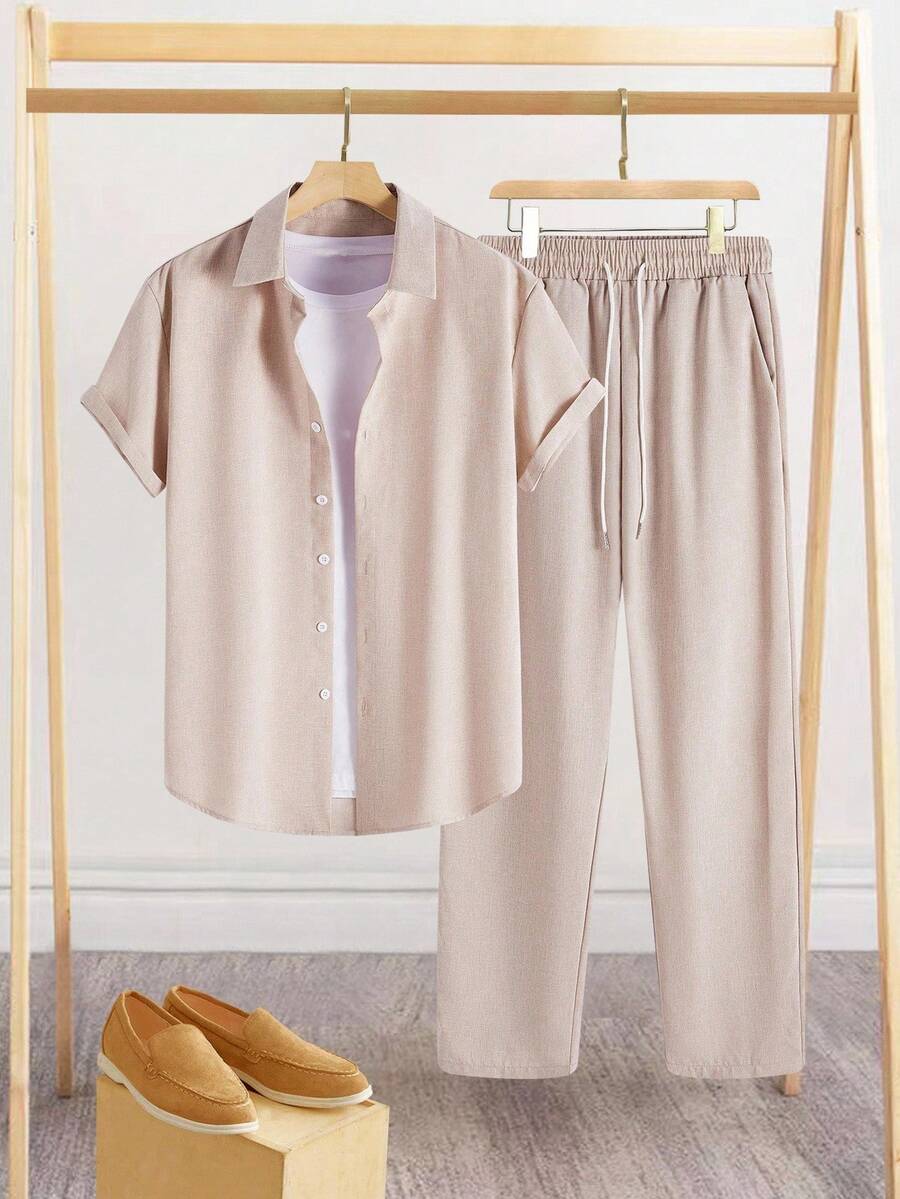 Manfinity Homme 男士休闲纯色短袖衬衫和裤子套装男士连体裤两件套男士连体裤休闲两件套男士两件套 - 卡其色 - 查看 1