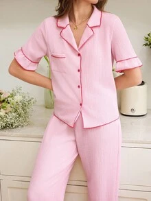 Women's Color Blocked Short Sleeve Pajama Set Holiday Season - Pink - View 4