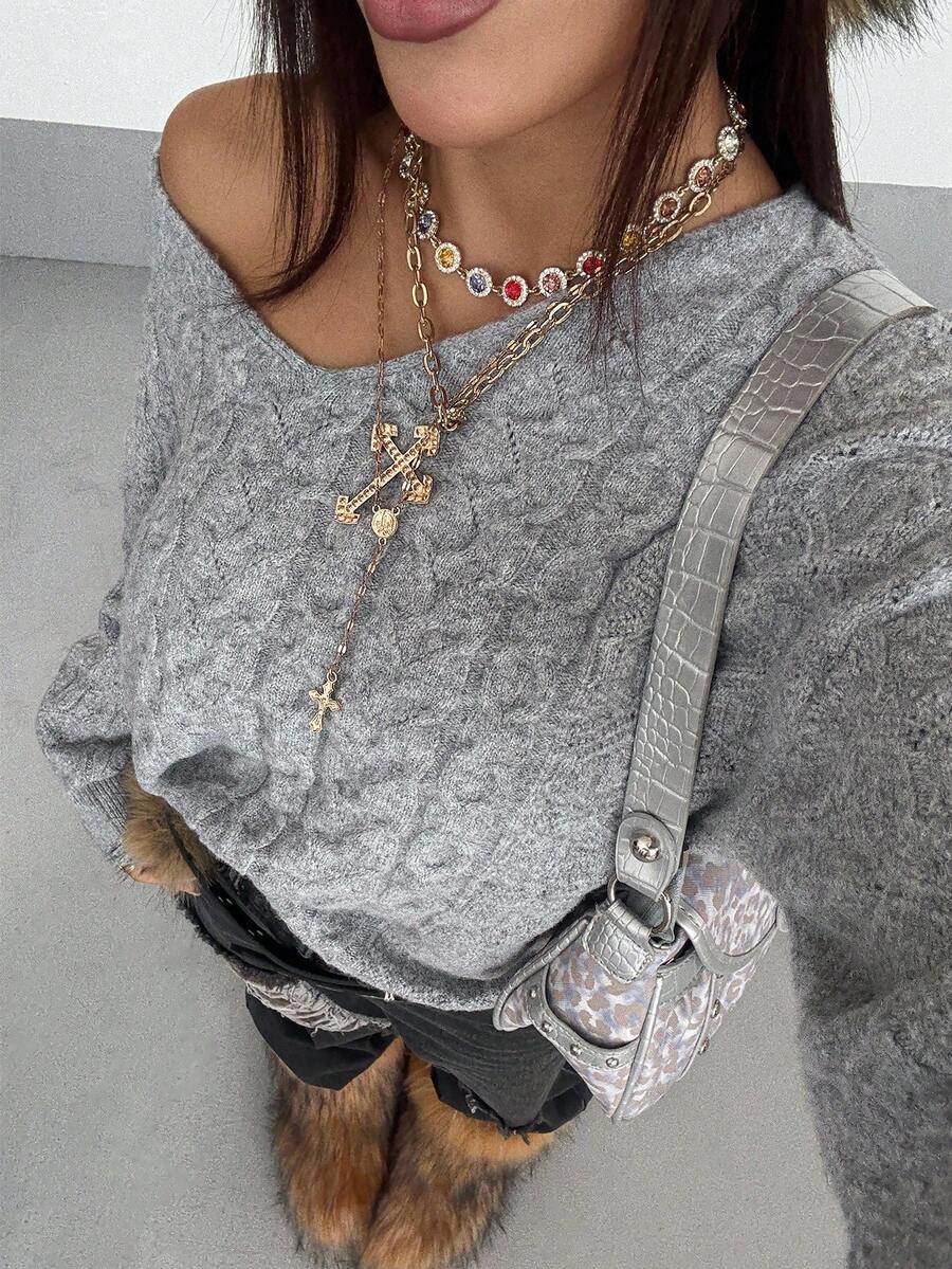 StreetHx New Autumn/Winter V-Neck Loose Casual Street Fashion Urban Pullover Sweater, Gray Twist Knit - Grey - View 1
