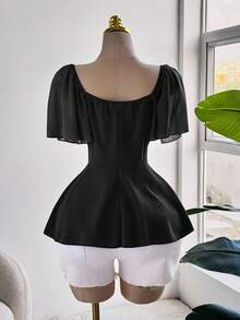 Sweetra Áo sơ mi voan tay bèo nhún lãng mạn thanh lịch cỡ lớn dành cho nữ, cổ nhún bèo, viền eo nhún bèo - màu đen - Xem 3