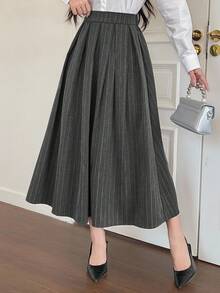 DAZY 女士休闲百褶条纹A字裙，秋冬女装半身裙 - 深灰色 - 查看 4