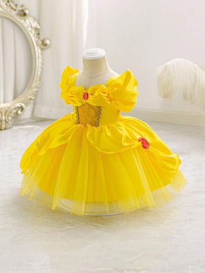 Glamorique Kids Baby GirlPrincess Tulle Dress, Yellow Mesh Princess Dress, Lace, Red Gemstone, Partywear, Red 3D Rose, Elegant Party Dress, Birthday Party, Wedding Holiday Dress, Middle East, Europe