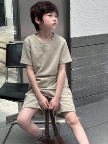 SHEIN Tween Boy Letter Patched Detail Tee & Shorts, School, Campus, College Summer Holiday - Apricot - View 6