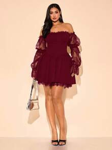 SHEIN BAE Váy ngắn ren lãng mạn thanh lịch cỡ lớn dành cho nữ, váy ngắn chắp vá ren thích hợp cho ngày lễ tình nhân, đêm hẹn hò, cuộc sống về đêm, váy kiểu Pháp, váy dạ hội, tiệc sinh nhật, váy phù dâu, váy hàng ngày đơn giản duyên dáng, váy cưới, váy dự tiệc trang trọng, váy gợi cảm đi biển, trang phục mùa hè cho phụ nữ, trang phục ngày lễ, váy ngắn lưới - Màu Đỏ Sâu - Xem 1