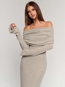 SHEIN BAE Đầm dài tay trễ vai màu trơn đơn sắc dành cho nữ, trang phục dự tiệc dành cho nữ, váy năm mới dành cho nữ, quần áo Giáng sinh dành cho nữ, váy thanh lịch dành cho nữ - Màu be - Xem 5