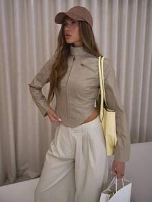 MUSERA Chaqueta de cuero sintético con cuello alto, cintura entallada y ajustada, elegante, sexy y de estilo urbano, perfecta para salidas nocturnas, fiestas, primavera y verano - Marrón - Ver 5