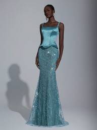Elitara Elegant Lyxig Bara Axlar Linne Repärm Elastisk Satin Patchwork Pärlbroderad Paljett Blommig Sjöjungfruklänning, Lämplig För Bröllop, Fest, Semester, Bal, Aftonklänning (Tungt Utsmyckad)