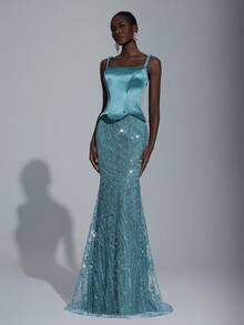 Elitara Elegant Luxurious Off Shoulder Linen Rope Sleeve Elastic Satin Patchwork Beaded Sequin Floral Mermaid Dress, Suitable For Wedding, Party, Vacation, Prom, Evening Gown (Heavy Embellished) - Blue - View 1