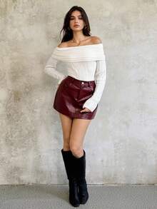 SHEIN Unity 女式纯色罗纹休闲意式长袖毛衣上衣，秋冬 - 杏色 - 查看 2