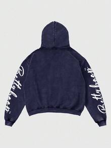 ROMWE MEN Betty Boop | ROMWE Spring Casual Graphic Men'S Fall Letter & Figure Graphic Washed Loose Fit Hoodie, Long Sleeve Top - Navy Blue - View 2