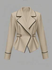 GlowEve Áo khoác blazer thắt lưng viền tương phản thanh lịch dành cho nữ, màu mơ đơn giản, phong cách đi làm chất lượng cao, áo khoác dài tay đa năng màu trơn - Màu Khaki - Xem 3