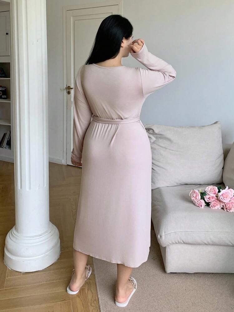 Dazy Plus Plus Size Women Solid Color V-Neck Tie Waist Mid-Length Belted Robe Loungewear, Fall & Winter