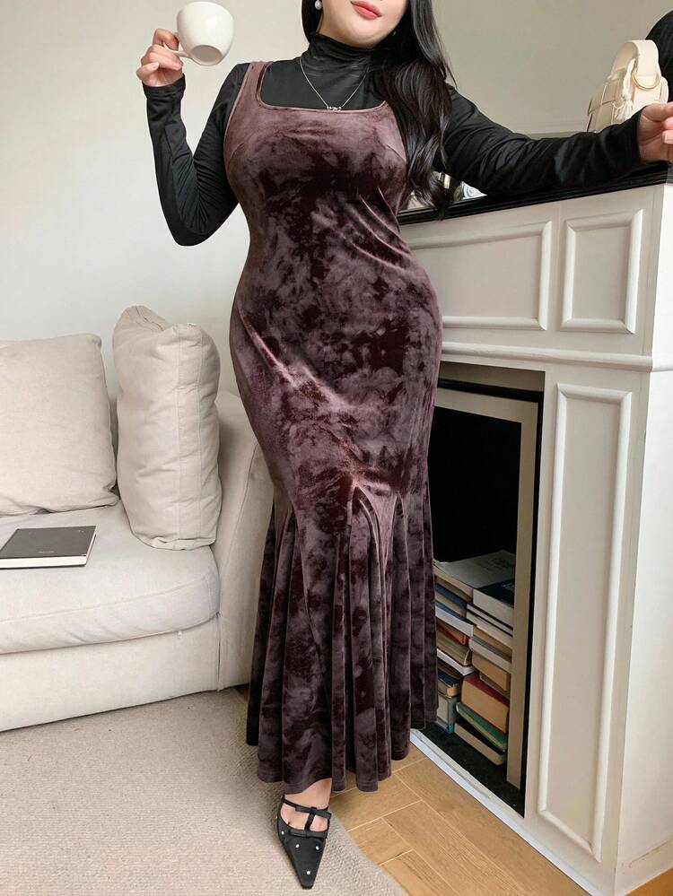 Dazy Plus Christmas Velvet Elastic Bodycon Sleeveless Suspender Dress, Elegant Long Mermaid Dress For Plus Size Women, Autumn/Winter
