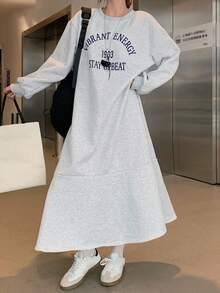 Livesso Casual Loose Long Sleeve Round Neck Women Long Dress - Grey - View 8