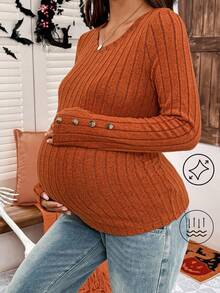 SHEIN قميص كاجوال للحوامل بلون أحادي ضيق بأكمام طويلة، خريفي - لون برتقالي - مشاهدة 6