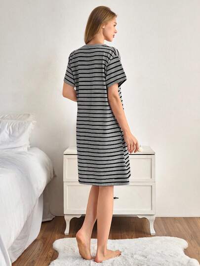 EURM Katoenen Women Round Neck Colour Gestreepte Heart Printed Short Sleeved Pajama Dress view 2