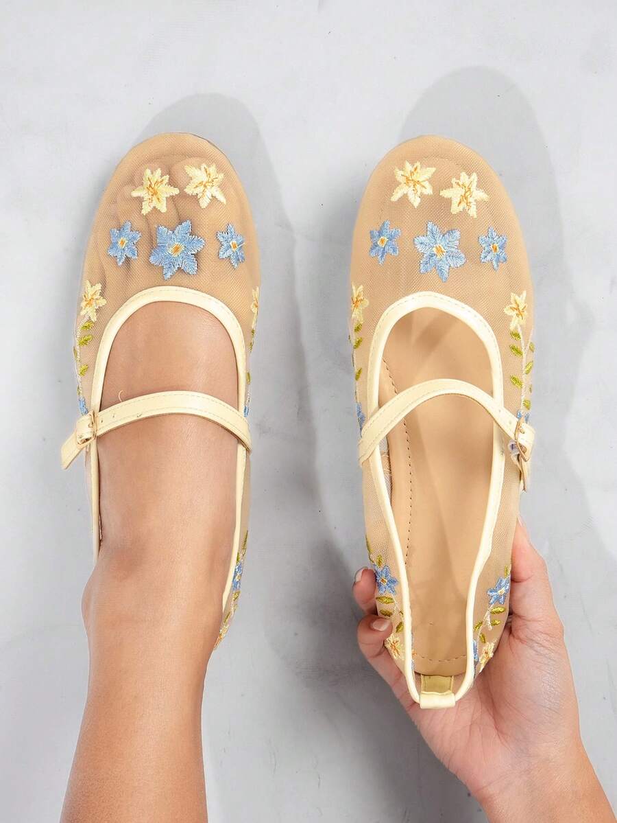 Solezae 女士休闲优雅圆头舒适花卉刺绣芭蕾平底鞋 - 藍色 - 查看 1