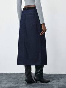 Maija Chân váy denim trơn màu đơn sắc dành cho nữ có túi và đai thắt lưng, đa năng và thời trang - Rửa tối - Xem 3