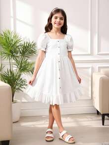 SHEIN Tween Girl Sweet Fashion Solid Ruffle Button Square Collar Puff Sleeve Dress, Suitable For Summer Party & Vacation - White - View 1
