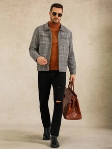 Manfinity Homme Manfinity 男士长袖灰色格子大衣，适合万圣节、圣诞节、日常街头穿搭、约会和办公室休闲场合，也是周年纪念日送给男友/丈夫的完美礼物，秋冬季必备。 - 彩色 - 查看 2