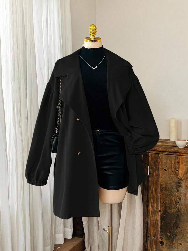 Comfortcana Plus Size Black Lapel Button Tie Casual Minimalist Windbreaker French Style Clothes In Fall/Winter