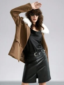 Airlisse Women's Wool Blend Textured Coat With Fur Collar - Brown - View 7