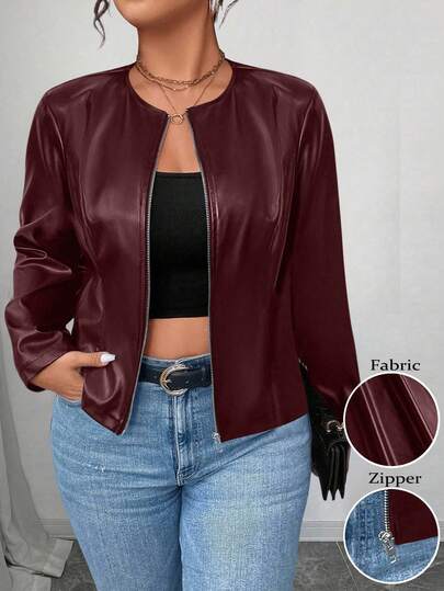 SHEIN PETITE CURVE Plus Size Women's Classic Versatile PU Leather Jacket, Petite Series