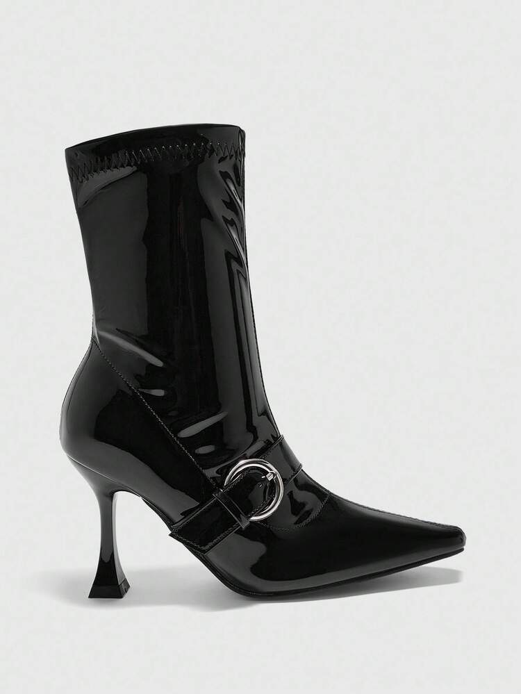 CUCCOO BIZCHIC Women's Fashion Burgundy Elegant Metallic Buckle High Heel Boots, Black Pointed Toe Ankle Boots