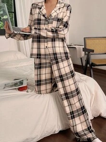 Napfluff 女士休闲格子印花荷叶边长袖睡衣套装，舒适优雅细节，秋冬服装 - 彩色 - 查看 6