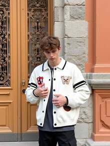 Manfinity Hypemode Men's Casual Collegiate Patch-Up Cardigan , Fall Winter