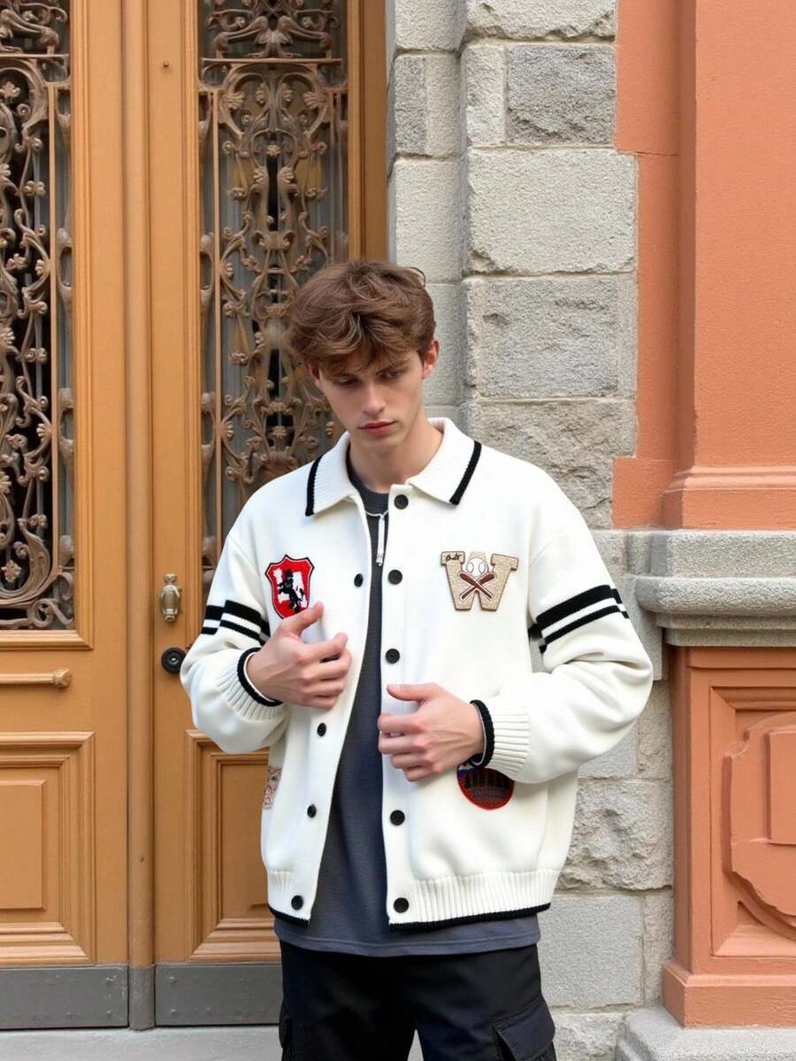 Manfinity Hypemode Men's Casual Collegiate Patch-Up Cardigan , Fall Winter