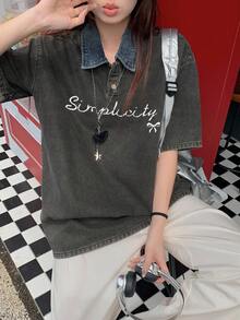 DAZY Women's Summer Colorblock Polo Collar Loose Short Sleeve Casual Collegiate Style T-Shirt With Letter Embroidery