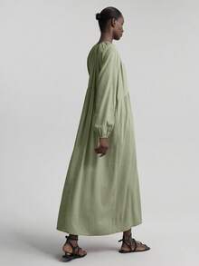 Ontre 2025 秋季女装纯色流苏领口灯笼袖休闲长裙，优雅连衣裙，适合度假、海滩、音乐节、万圣节、圣诞派对、乡村音乐会 - 綠色 - 查看 2