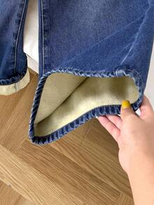 SHEIN Tween Girls' Fashion Casual Basic Simple Blue Denim Thermal Lined Loose Fit Baggy Jeans,For Girls Fall/Winter Dailywear Costume,Girls Streetwear Outfits,Girls Halloween And Christmas Outfits,Lined Jeans, Thermal Lined Jeans, Winter Jeans, Baggy Jeans, Teen Jeans - Dark Wash - View 6