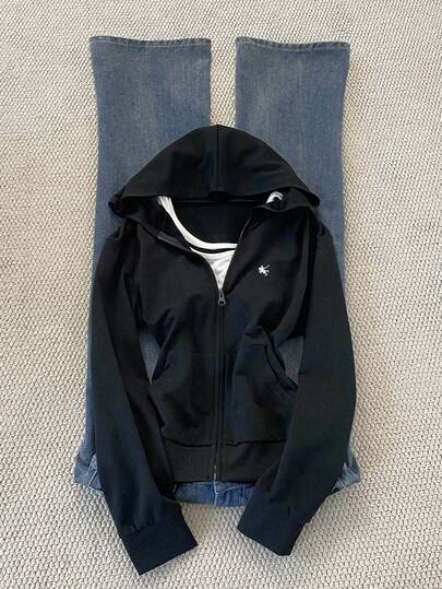 Noixe Sudadera con capucha con cremallera y patrón bordado, chaqueta ajustada de felpa para mujer, otoño e invierno