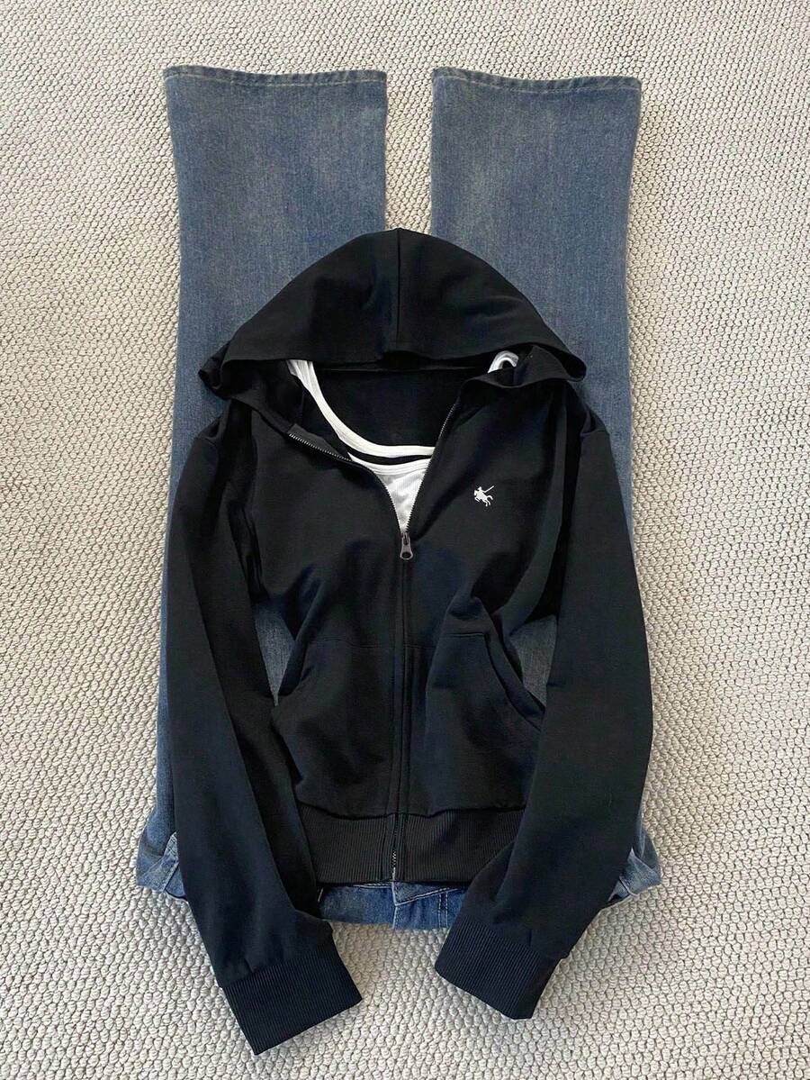 Glimmora 刺绣图案拉链连帽衫修身运动衫夹克女款秋冬款 - 黑色 - 查看 1