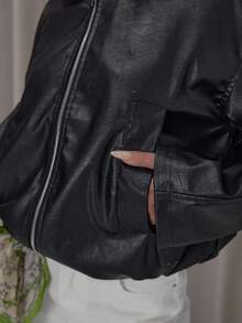 MUSERA 高领拉链落肩仿皮夹克，可爱优雅性感街头风，适合夜间外出和冬季派对。 - 綠色 - 查看 6