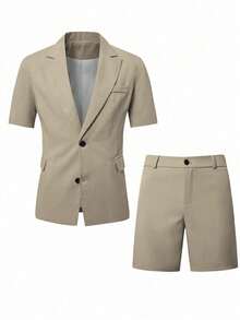 Manfinity Mode Bộ vest nam ngắn tay mùa hè & quần short vest, phù hợp cho các bữa tiệc kinh doanh hàng ngày - Màu Khaki - Xem 4