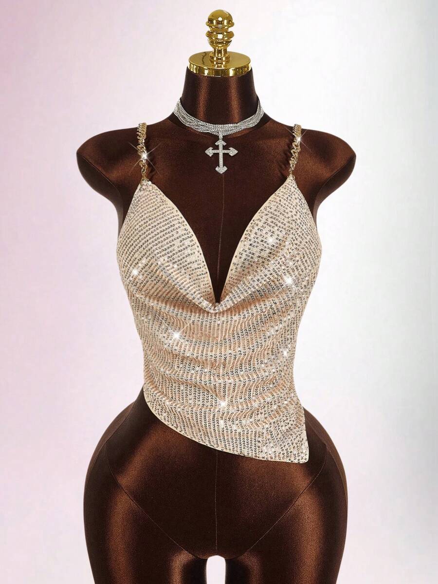 Amplova Top plus size feminino com alças finas e lantejoulas, moda verão