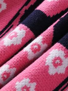 ROMWE MEN Prep 男士刺绣条纹提花针织毛衣，宽松短款，秋冬 - 粉色 - 查看 7