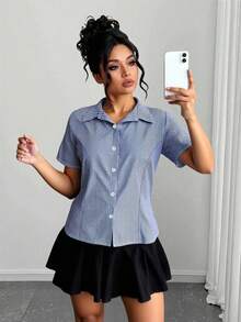 Elenzga Plus Size Casual Striped & Plaid Pattern Shirt - Blue and White - View 3