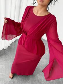 Elenzga Elegantes Kleid in Große Größen für Damen mit rundem Ausschnitt, asymmetrischen Ärmeln, figurbetonter Passform, Chiffon-Patchwork und Schlitz am Rücken - Bordeaux - Übersicht 3