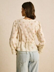Poéselle Elegant Commuter Woven Embroidered Floral Lace Trim Long Sleeve Blouse - Pink - View 3