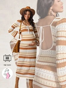 Boho Mama Pregnant Women's Striped Front Tie Long Sleeve Hollow Out Knit Dress - Multicolor - View 6