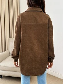 SHEIN Casual Loose Solid Color Long Sleeve Button-Up Warm Fleece Maternity Blouses - Brown - View 2