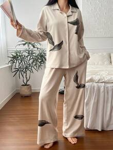 DAZY 2 piezas Conjunto de pijama de manga larga holgado con estampado de hojas para mujer, ropa de otoño