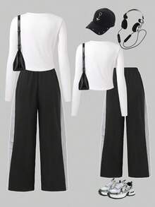 2pcs/Set Teenage Girls' Fashion Round Neck Casual Cropped Long Sleeve Top & Colorblock Cargo Pants Outfit Fall Winter - Black and White - View 2
